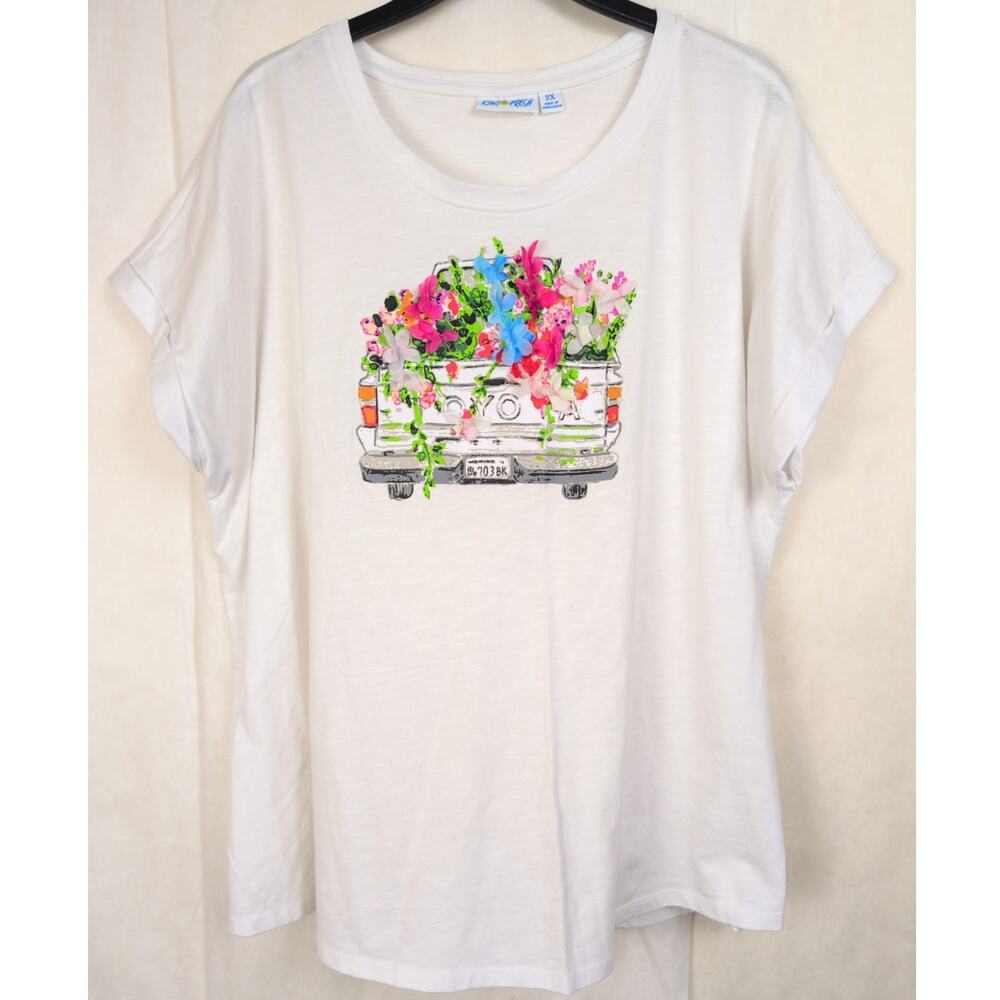 Kiwi Fresh 3D flower truck white cuff sleeve tshirts Size 2X Country Retro